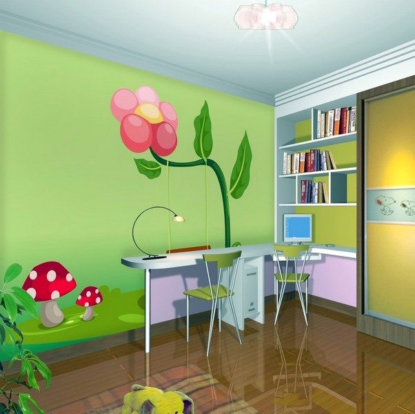 Desain Wallpaper Dinding Ruang Tamu Minimalis Motif 3D Kartun Hijau Elegan Asri Nyaman Terbaru