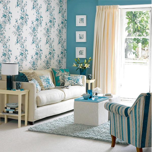 Modern Ide Desain Wallpaper Dinding Ruang Tamu Minimalis Motif Bunga Warna Biru Putih Elegan Nyaman Asri Terbaru