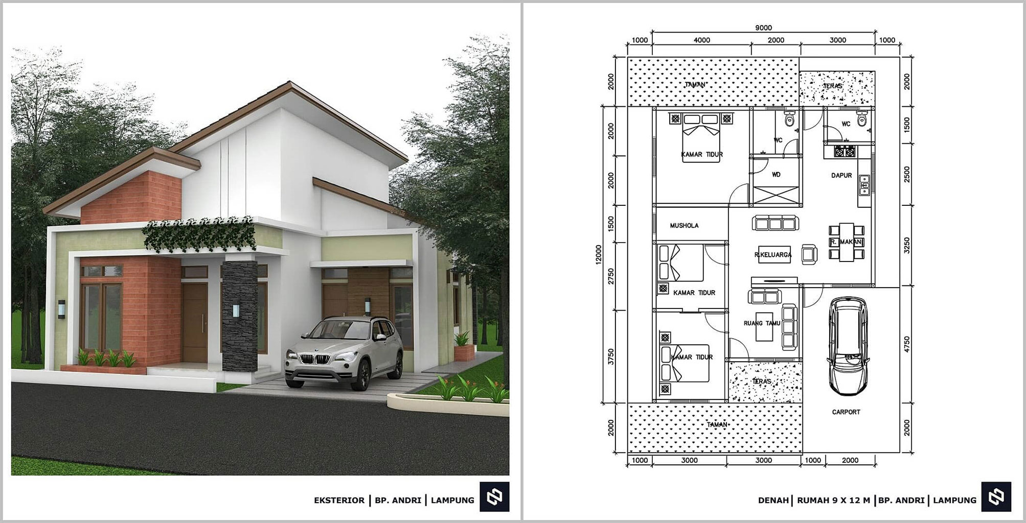 Denah Rumah Minimalis 3 Kamar Tidur 1 Lantai Terbaru Beserta Keterangannya Ukuran 9 x 12 m